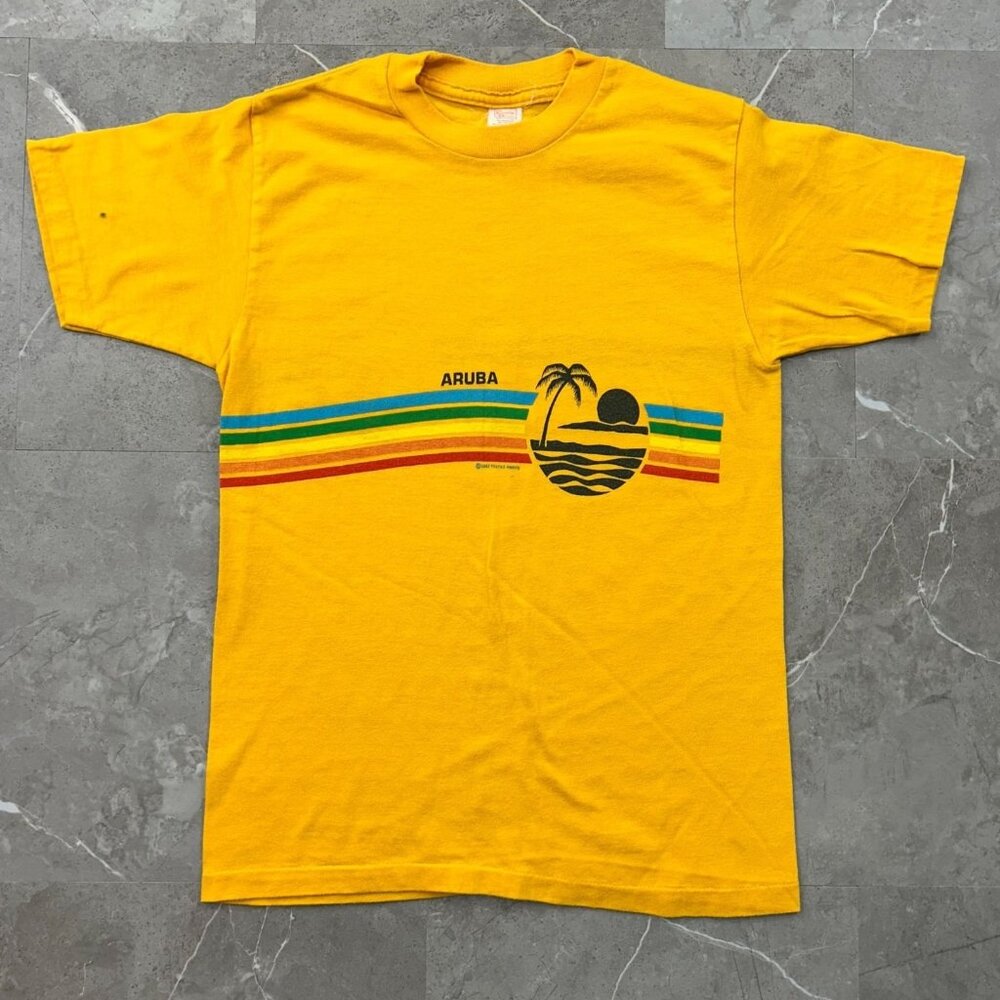 80s Vintage Aruba Graphic Tee Mens‎ Medium Short Sleeve Caribbean Rainbow Palm